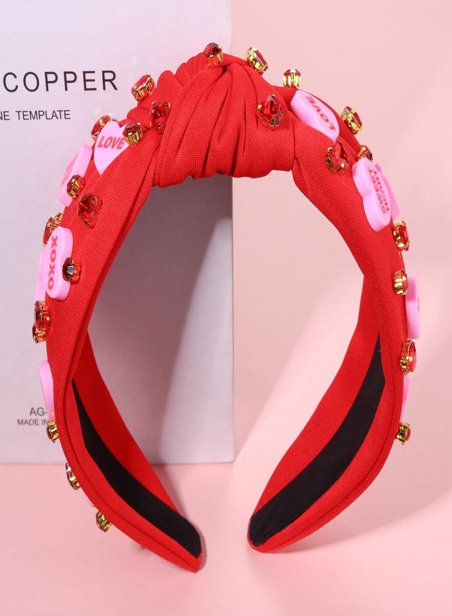 YAHPERN Valentine’s Day Headband for Women Red Pink Heart Knotted Headband Jeweled Rhinestone Crystal Wide Top Knot Hairband Valentine’s Day Hair Accessories Holiday Gifts (Letter Heart) - Image 5